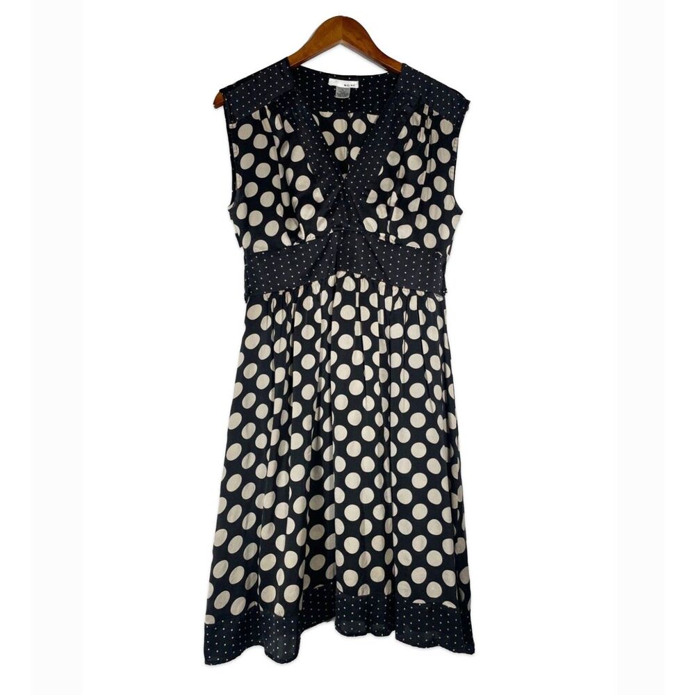 Black White Polka Dot Silk Dress Sleeveless Knee Length Tie Waist Saks Size 6